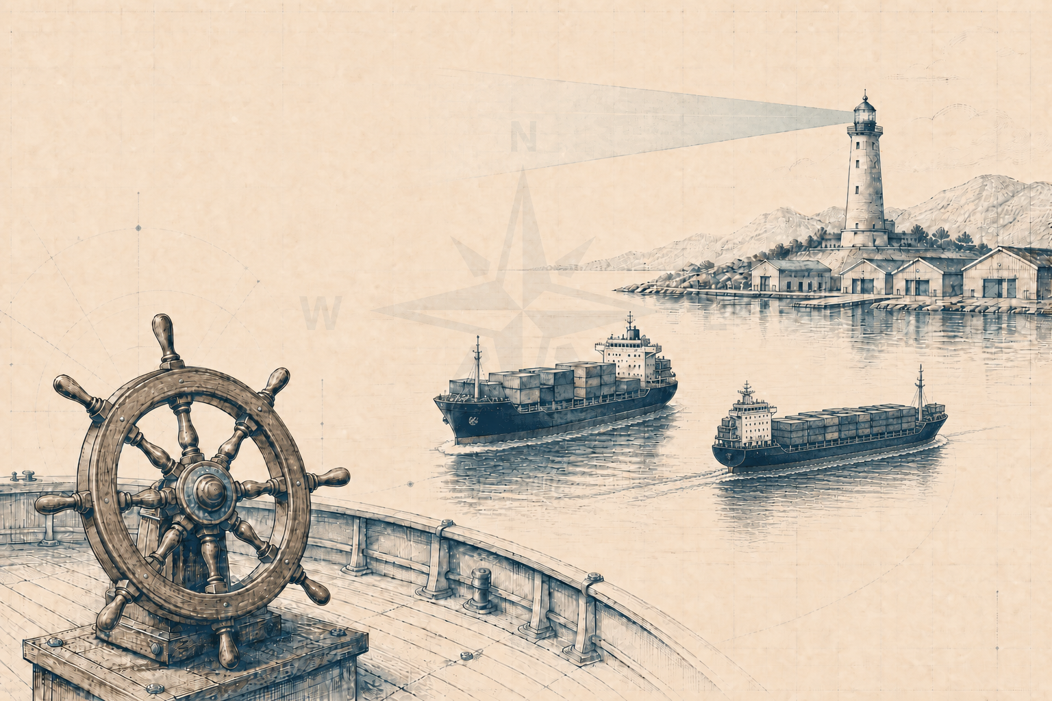 Steuerrad, Frachtschiff und Passagierschiff auf dem Weg in den Datenhafen