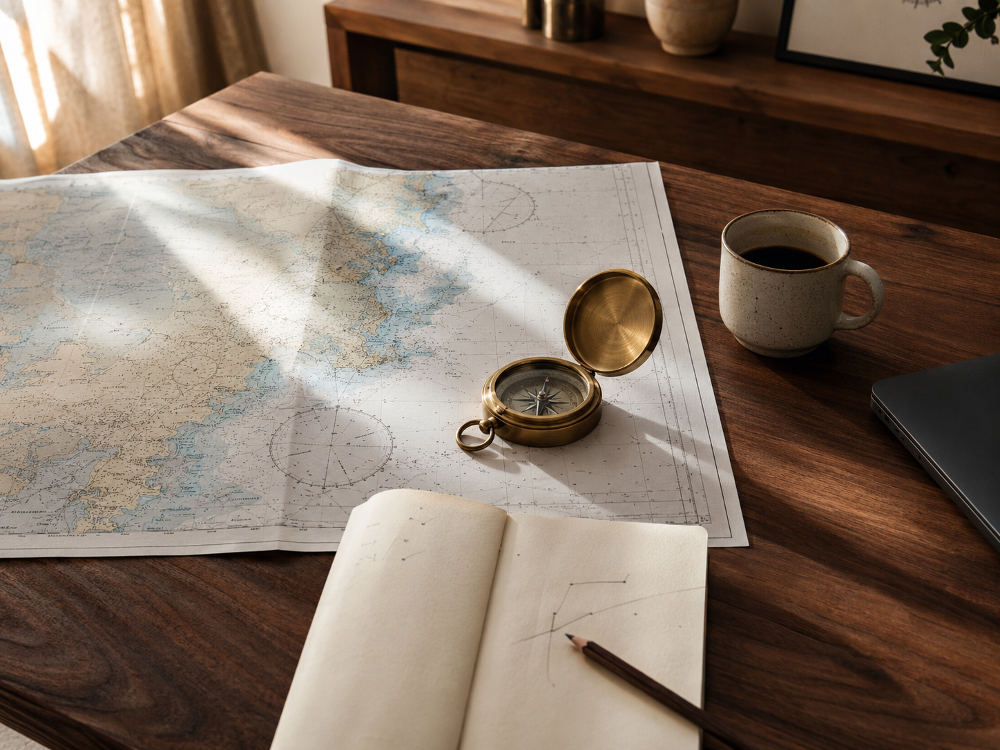 Seekarte, Kompass, Notizbuch und Kaffee auf einem Arbeitstisch
